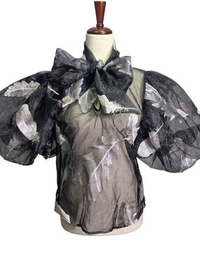 Black Sheer Organza Feather Print Blouse Bow Neck Puff Sleeve Dramatic CQbyCQ M